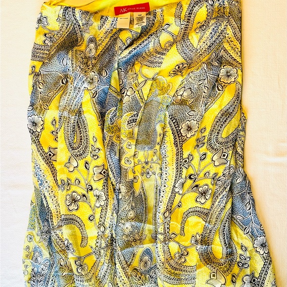 Anne Klein Springtime Yellow And Blue Floral, 100% Silk A Line Tulle Midi Skirt - Picture 2 of 3